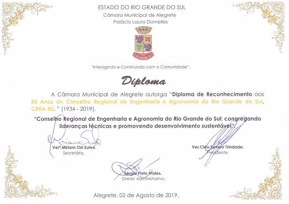 Certificado entregue pelo legislativo municipal